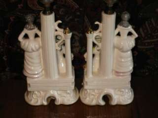   / Vintage Victorian Figurine Porcelain Table Lamps w/ Pleated Shades