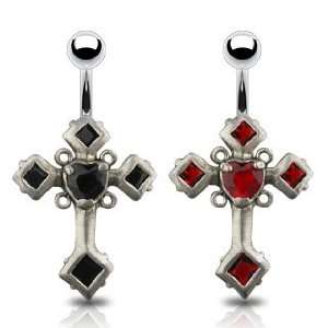 Cross of The Cursed Belly Ring with Black Cubic Zirconia   14G   3/8 