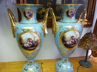 Pair Of Hand Painted Turquoise and Limoges Vases  