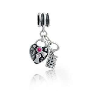   925 Silver Pink CZ Heart Lock Key Love Dangle Charm Fits Pandora Bead