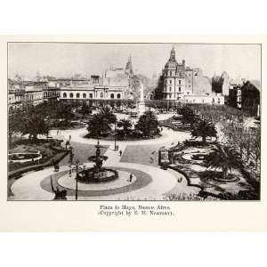 1924 Print South America Plaza Mayo Buenos Aires Fountain 