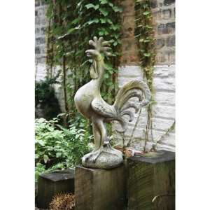  22 Fiber Stone Rooster Crowing Garden Statue   White Moss 
