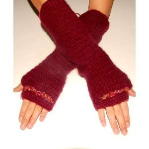  Fingerless Gloves handmade Knitted Wool long size Purple 