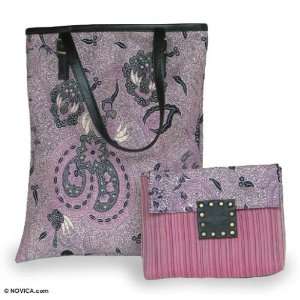  Cotton and leather shoulder bag and purse set, Pink Batik 