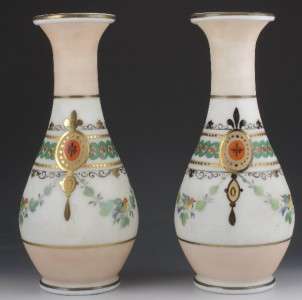 PAIR VICTORIAN BRISTOL GLASS VASES,SWAGS AND BIRDS,1890  