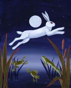 Rabbit Frogs Moon art Giclee Print on canvas MANY SIZES  