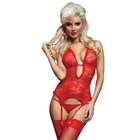   Piece Set Floral Lace Cami And Thong Garters Rhinestone Heart   Red