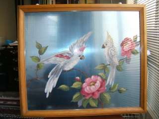 Vintage Reverse Glass Painting Parrots signed Marietta  