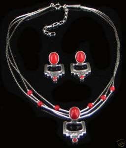 Sterling Silver Real Red Coral Necklace Earrings SET  