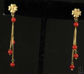 18K YELLOW GOLD RED CORAL BEAD DANGLE EARRINGS  