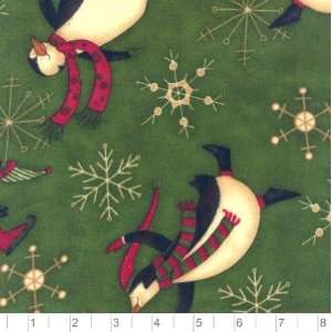 45 Wide Flannel Penguins On Ice Large Penguins Olive Green Fabric By 