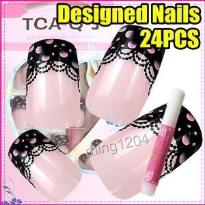  24 New pink Lace designed Nail Art Tips + Glue 233 
