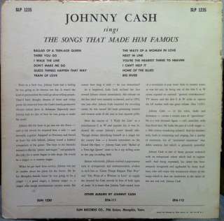 JOHNNY CASH sings LP vinyl SLP 1235 VG  1958  