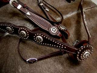   WESTERN LEATHER HEADSTALL BREAST COLLAR REINS BROWN TACK SET STAR