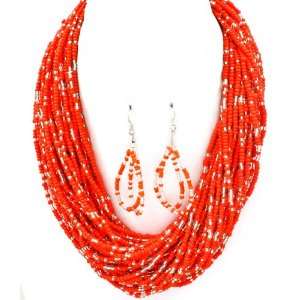   Bright Coral Mint Seed Bead Twist Button Necklace Earring Set Jewelry