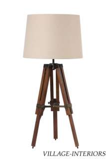 WOODEN SURVEYORS TRIPOD TABLE LAMP WITH LINEN SHADE  