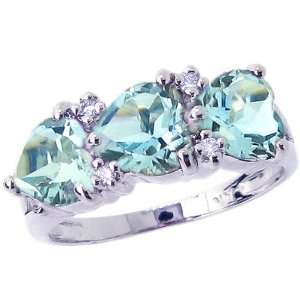  14K White Gold Three Stone Heart Gemstone and Diamond Ring Sky Blue 