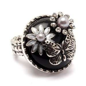 Gothic Victorian Chunky Black Stone Flower Garden Fashion Ring