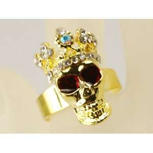  Crazy Gothic Gold Tone Skull Crown Blood Red Clear Crystal 