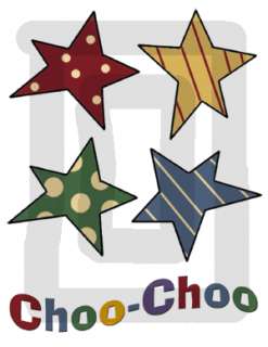 The stars measure 4 x 4. The word choo choo measures 8 x 2.