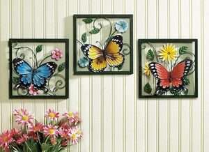   Pc Framed Crafted 3D Metal Butterfly In Blossom Flower Wall Art Decor