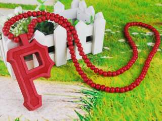 Letter P Wiz Khalifa Pendant Wood Necklace Beaded Chain Rosary red 