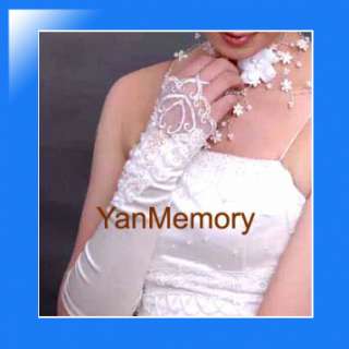 15 White Satin Lace Pearls Fingerless Bridal Gloves  