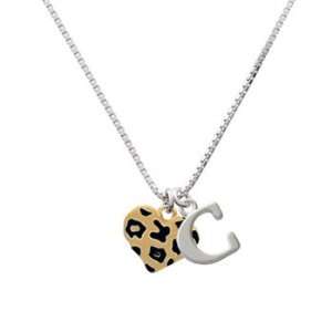  Tan Cheetah Print Heart C Initial Charm Necklace 
