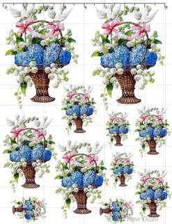 De Bd 25 Shabby Vintage Blue Floral Pink Bow Basket Doves Decals