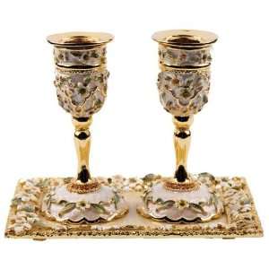   Jeweled Ivory Shabbat Candlestick Holders with Tray 