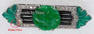 18K White Gold Vintage Diamond & Carved Emerald Pin  