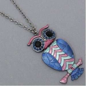  Womens Owl Necklace, 1 1/2 X 2 3/4, Silver, Pink & Blue 