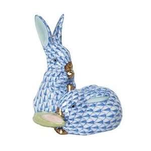 Herend Rabbit Pair with Corn Blue Fishnet