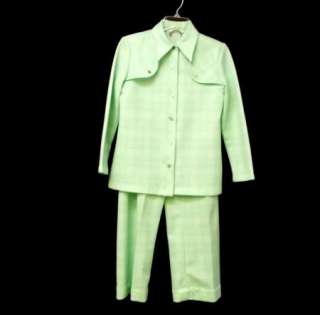 60s 70s Vintage Mint Green Polyester Leisure Suit Shirt Bell Bottom 