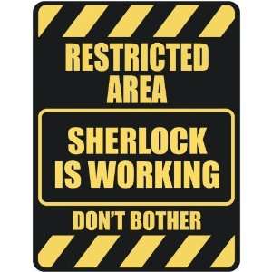   RESTRICTED AREA SHERLOCK IS WORKING  PARKING SIGN