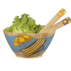 Clay Art Summer Fun Wooden Salad Bowl W/ Utensils  Kitchen 