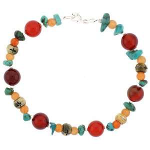   Sterling Silver Bead Accents, Natural Carnelian & Turquoise Stones