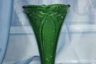 Vintage Imperial Diamond Cut Green Glass Trumpet Vase Stunning Piece 