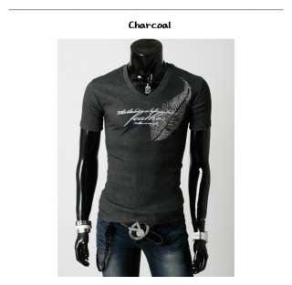 Mens Casual Slim Fit Short Sleeve Feather Design Cotton T Shirts Top 