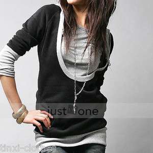 Women Girls Casual Cool U neck Long Sleeve Hooded Sweatshirt Black T 