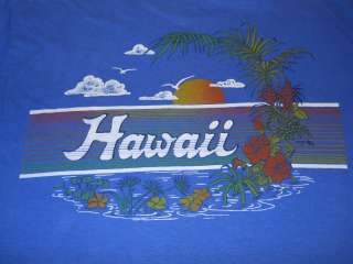 vintage 80S HAWAII HAWAIIAN PALM TREE SUNSET SURF SOFT BLUE t shirt 