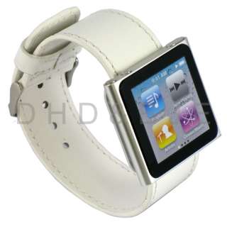 White PU Leather Watch Strap Wrist Band for iPod Nano 6G