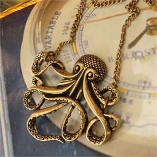 Vintage Bronze Octopus Pendant Long Chain Necklace x80 great gift 