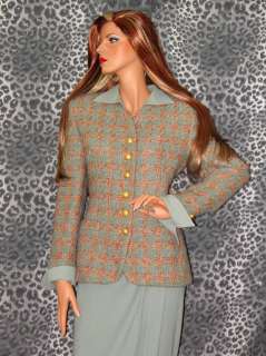 CHRISTIAN DIOR $2K Boucle Tweed Sage Skirt Suit; Sz 6  