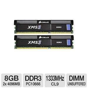 Corsair CMX8GX3M2A1333C9 XMS 8GB DDR3 RAM   PC10666, 1333MHz, 2x 4GB 