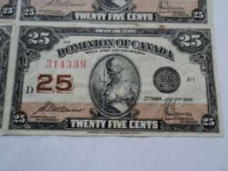 1923 DOMINION OF CANADA 25 CENT BILL LOT OF 4 BILLS  