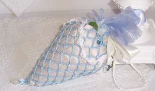 Blue Silk Dupioni Strawberry Sachet Crochet beaded Lace  