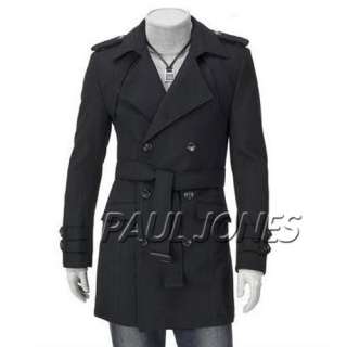 Mens Slim Fit UK Style Double pea Belt Coat long Jacket Overcoat jk0 