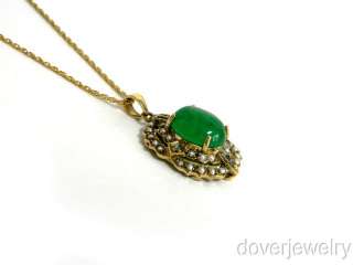 Antique Old Cut Diamond Gold Green Jade Pearl Pendant NR  