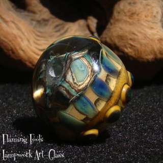 DYNASTY   Gold, Yellow Blue Glass Bead   Flaming Fools Lampwork Art 